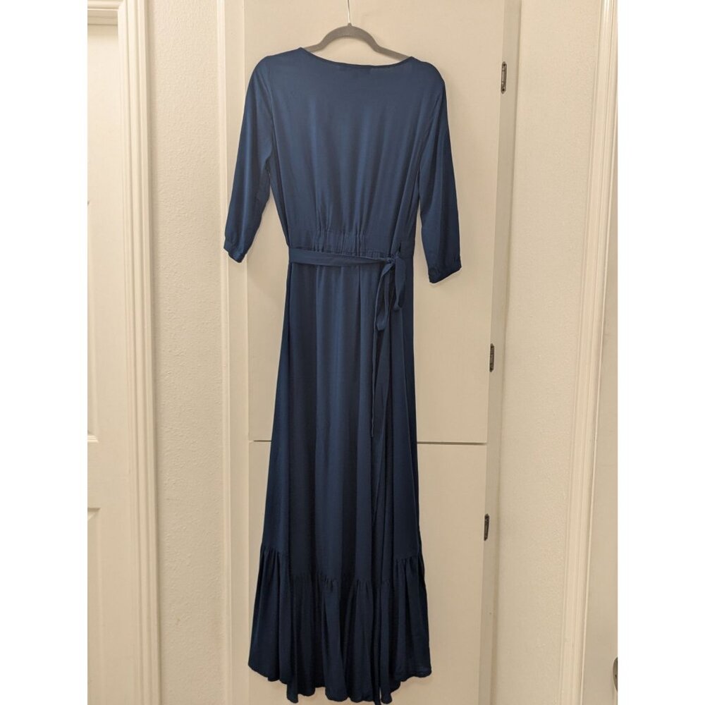 Navy Blue Wrap Maxi Dress with Ruffled Hem Elegant Long Sleeve Designer Gown - Picture 6 of 7